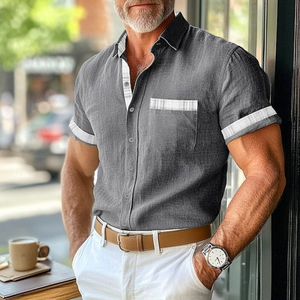 Camisa informal de algodón y lino con solapa y diseño de patchwork a cuadros para hombre, de manga corta y ajustada