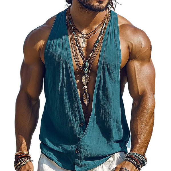 Camiseta básica de verano de algodón y lino con escote en V profundo para hombre