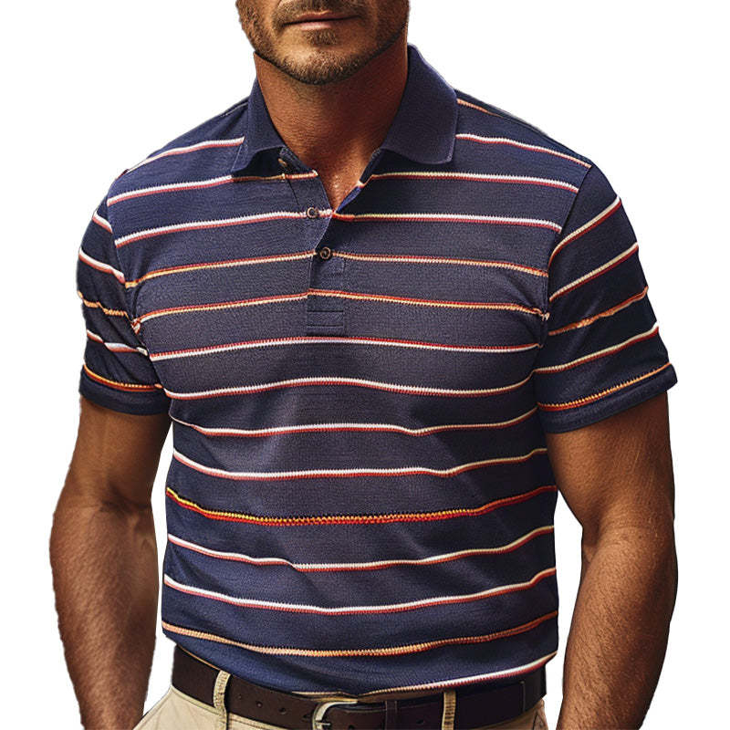 Men's Casual Striped Print Short-sleeved Breathable Polo Shirt