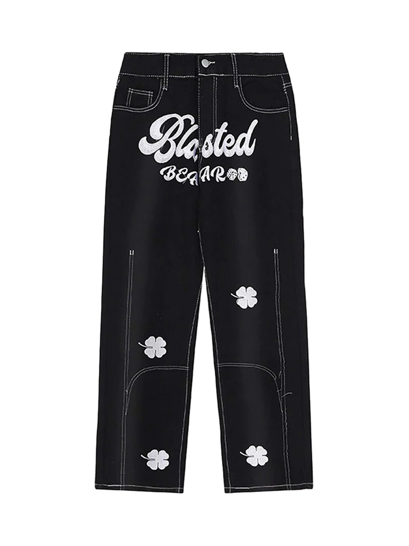 Letter Lucky Clover Embroidered Baggy Jeans