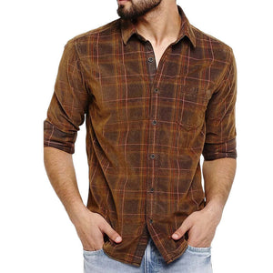 Men's Spring And Autumn Brown Plaid Casual Long Sleeve Shirt