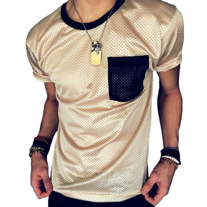 Camiseta deportiva de manga corta con cuello redondo y bloques de color de tela de malla informal retro para hombre