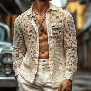 Herren Retro Casual Unregelmäßiges Mesh-Gewebe Revers Langarmhemd