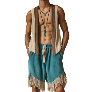 Men's Spring Fashion Towel Cloth Tassel Sleeveless Shorts Set