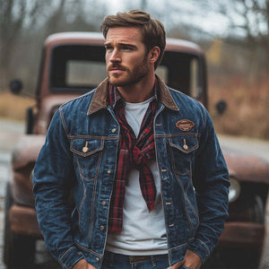 Chaqueta vaquera lavada azul oscuro vintage para hombre