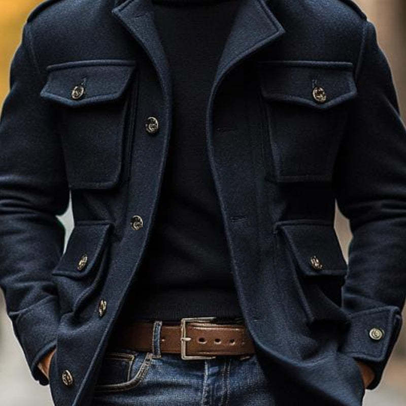 Men's Vintage Wool Blended Lapel 3D Pocket Single Breasted Slim Fit Coat