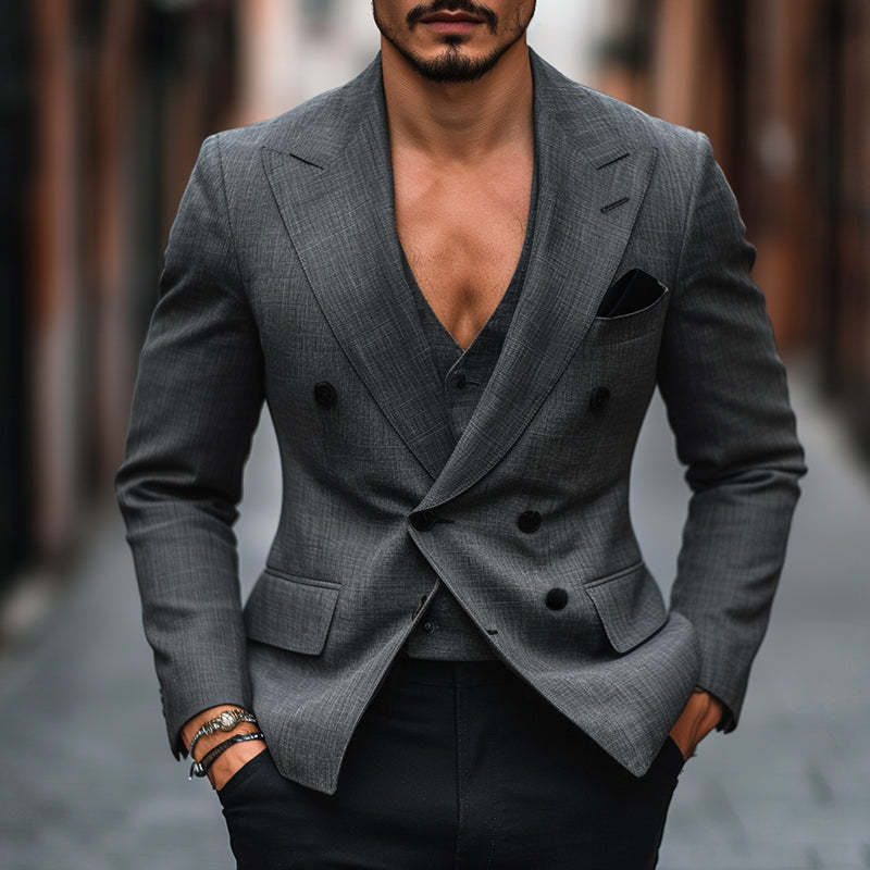 Atmungsaktiver Vintage-Blazer aus Leinen für Herren, zweireihig