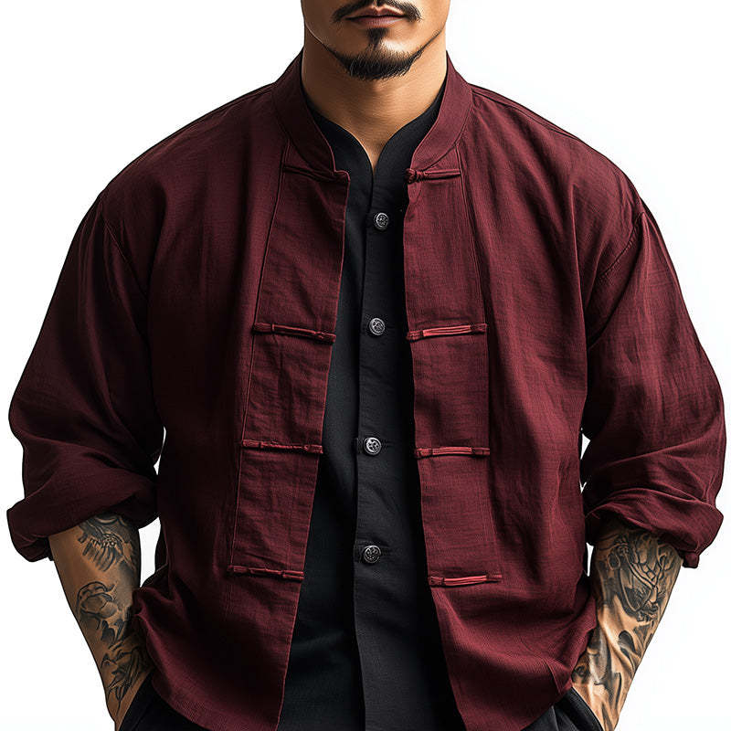 Men's Burgundy Chinese Button Long Sleeve Shirt