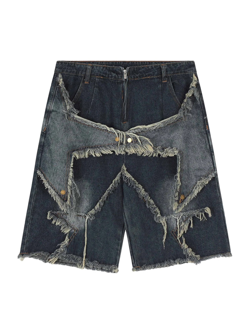 American Pentagram Tassel Patch Denim Shorts