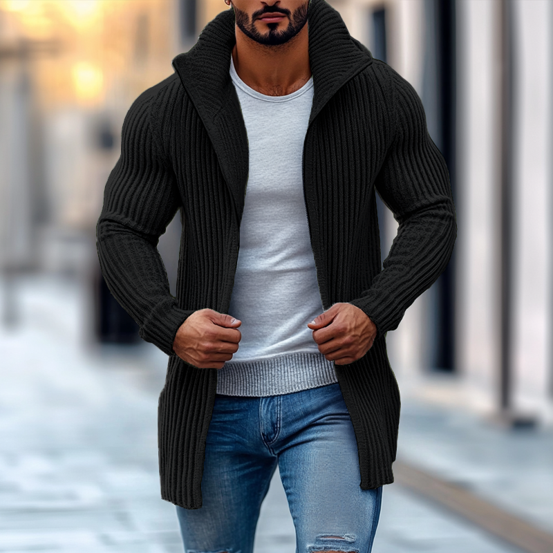Men's Fashion Stand Collar Solid Striped Long Sleeve Mid-length Knit Cardigan