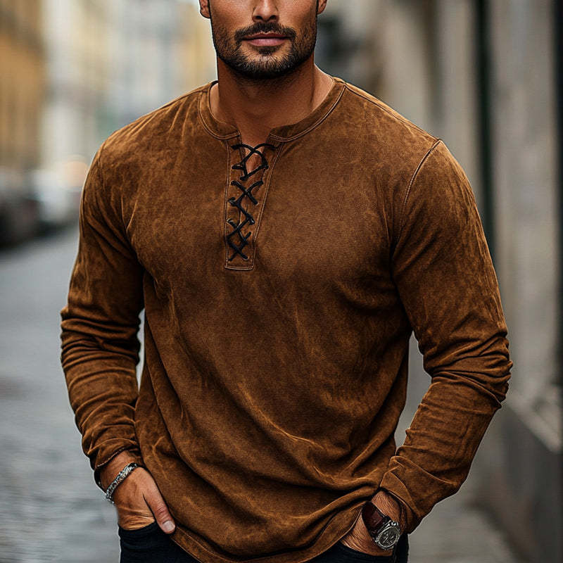 Herren Vintage Braunes Wildleder-Langarm-T-Shirt mit Schnürung