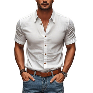 Camisa informal de algodón cómoda de manga corta con solapa y botonadura sencilla y corte entallado para hombre