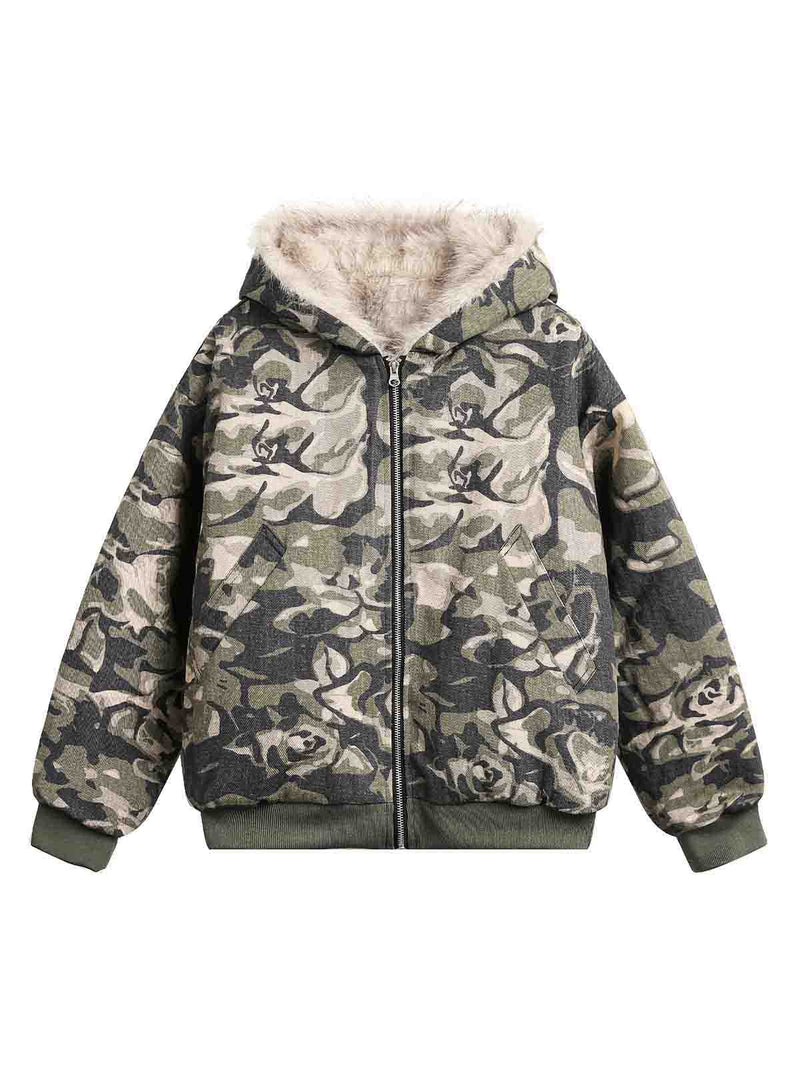 Camouflage Fur Hooded Jacket