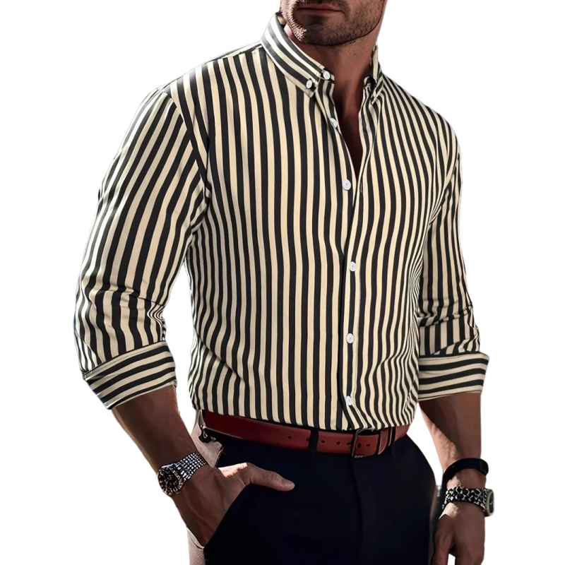 Men's Casual Striped Cotton Lapel Slim Fit Long Sleeve Shirt