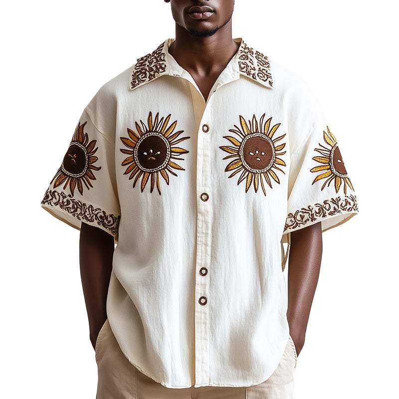 Men's Western Vintage Embroidered Short Sleeve Shirt