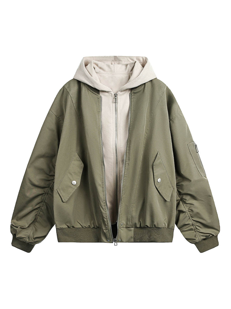 Faux Two-Piece Pleated Spliced Hooded Bomber Jacket