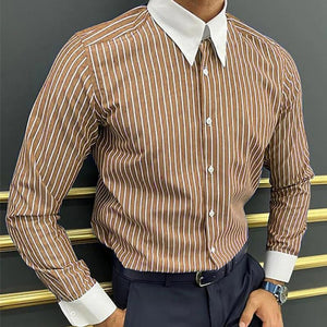 Men's Striped Colorblock Lapel Long Sleeve Casual Shirt