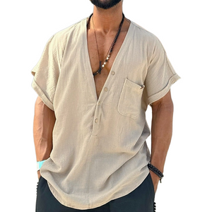 Men's Spring Fashion Casual Loose Deep V Neck Linen Short Sleeve Shirt