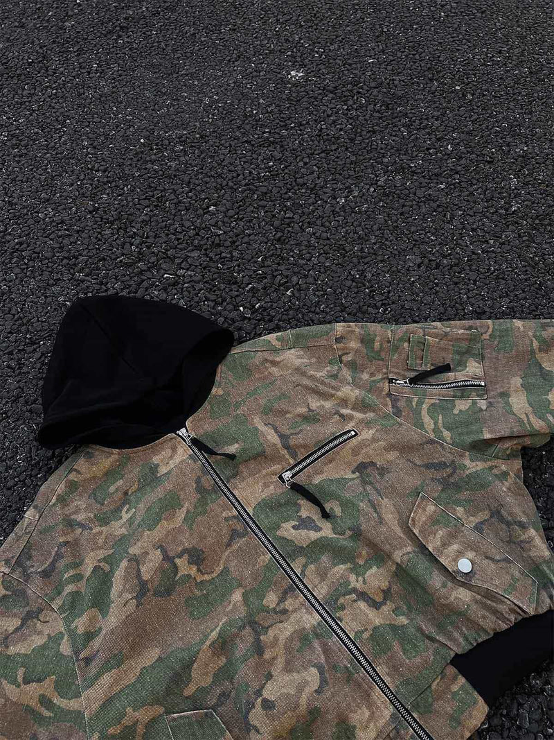 Retro Camouflage Faux Two-piece Hooded Jacket