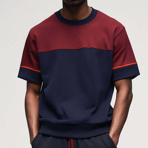 Camiseta retro informal de manga corta con cuello redondo y bloques de color para hombre