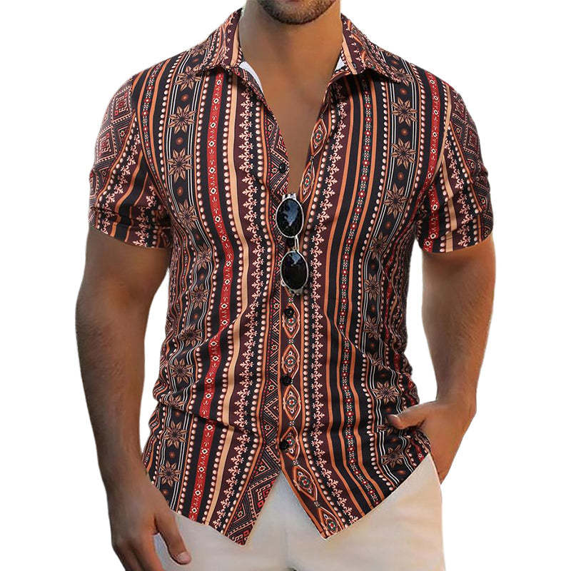 Camisa informal de manga corta con estampado de rayas retro para hombre