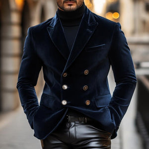 Blazer de terciopelo vintage elegante con solapa de pico y doble botonadura para hombre