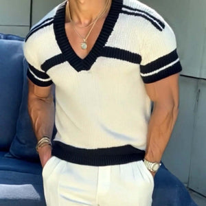 Camiseta informal de punto de manga corta con cuello en V y rayas de jacquard para hombre