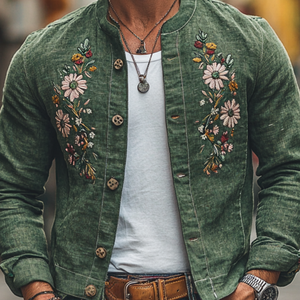 Lässige Herrenjacke aus Leinen mit Blumenstickerei, Rundhalsausschnitt, einreihig, schmale Passform