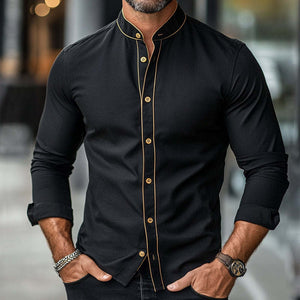 Camisa de manga larga con cuello alto, estampado retro informal con bloques de color para hombre