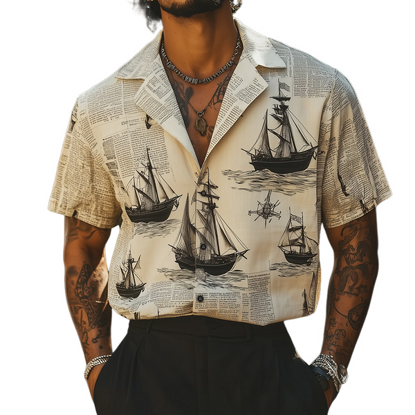 Men's Retro Casual Sailing Ship Print Lapel Short Sleeve Shirt