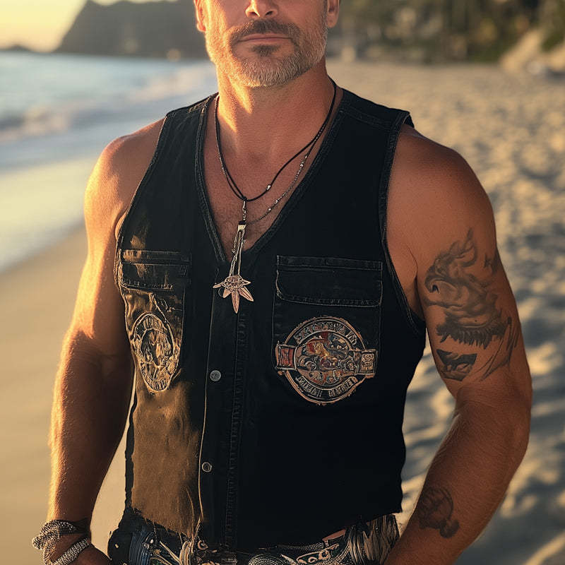 Herren-Weste im Sommer-Retro-Stil, gewaschener Distressed-Denim, bestickt
