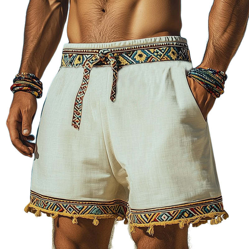 Pantalones cortos de algodón y lino con bordado retro de verano para hombre