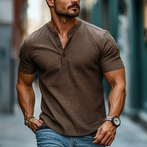 Camiseta Henley de manga corta de algodón y lino para hombre