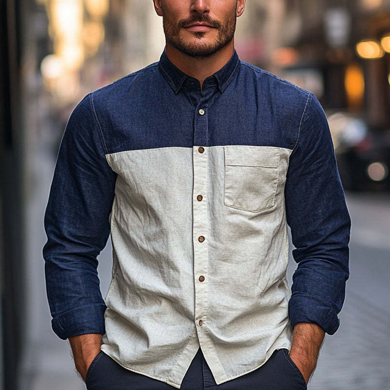 Men's Cotton And Linen Contrast Stitching Basic Long-Sleeved Shirt