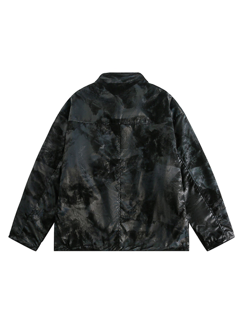 Floral Stand Collar Leather Jacket