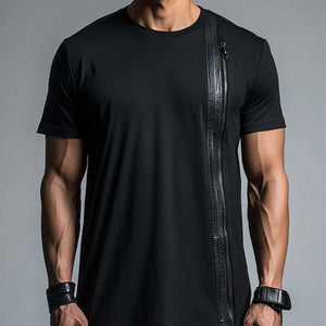 Camiseta informal de algodón y cuero con cremallera de manga corta para hombre