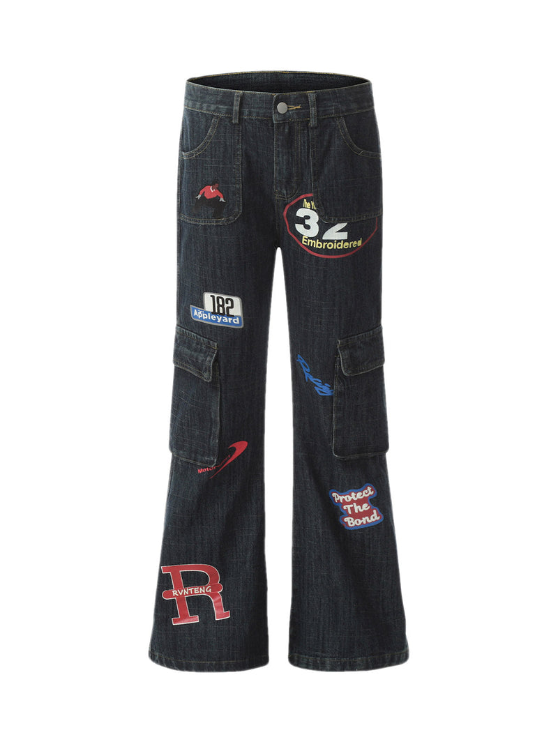 Graphic Multi Pocket Flare Jeans