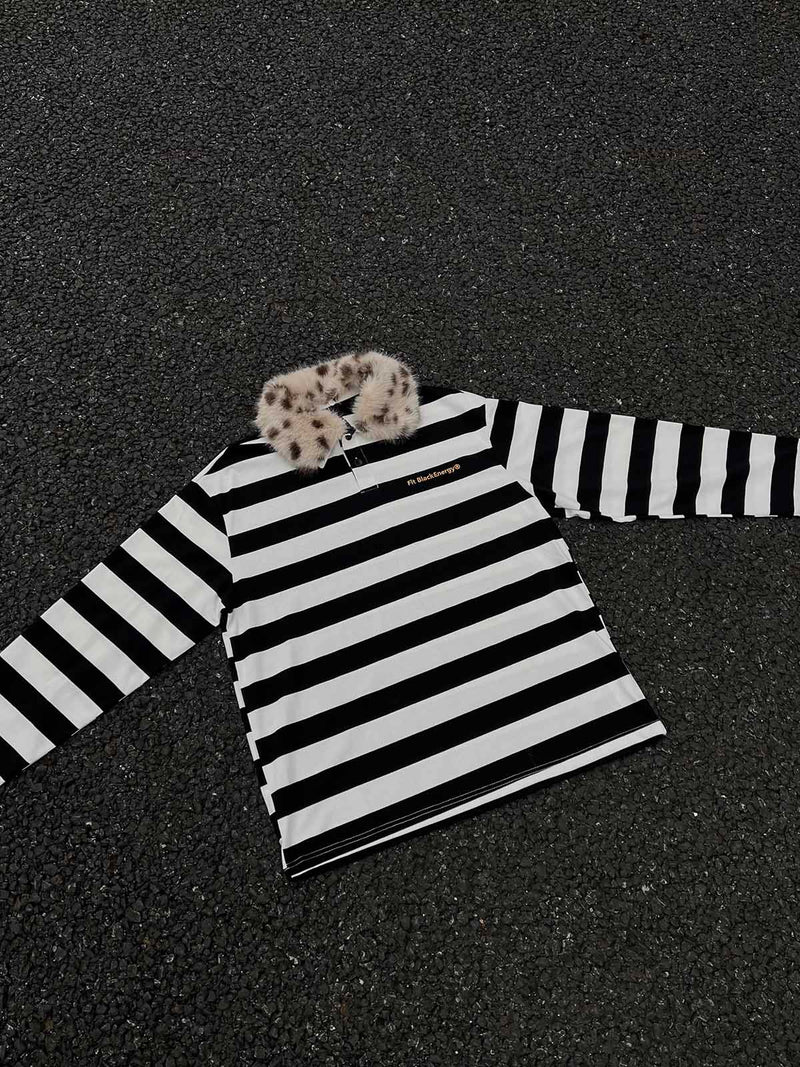 Striped Detachable Fur Collar Long-Sleeve T-shirt