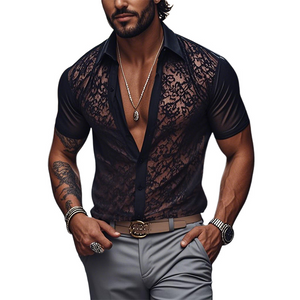 Camisa de manga corta negra ajustada con encaje sexy de moda de primavera para hombre