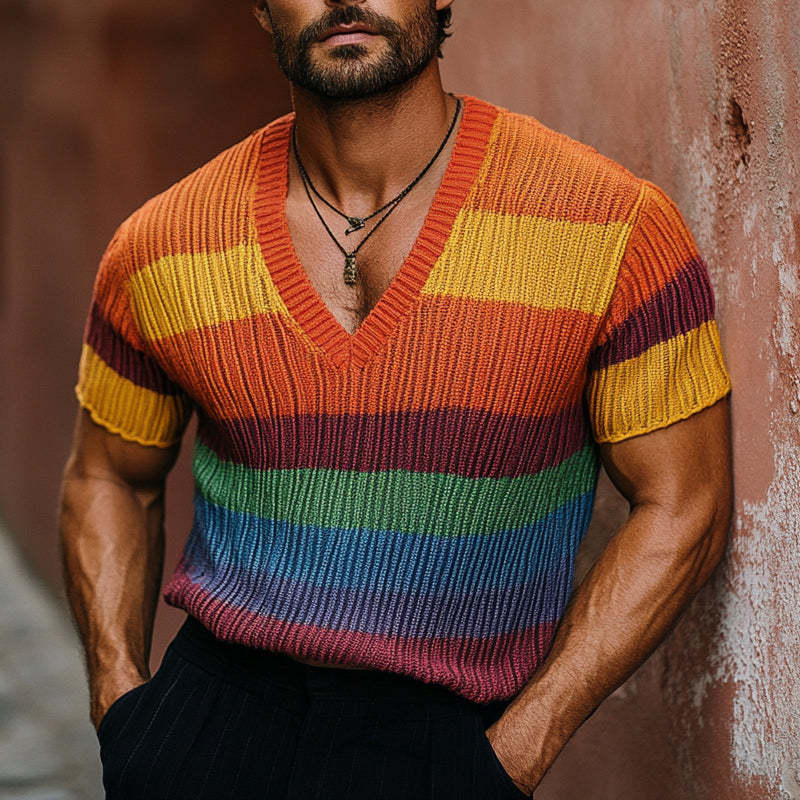 Camiseta de manga corta con cuello en V y punto arcoíris para hombre 