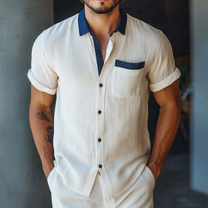 Men's Retro Casual Linen Colorblock Simple Lapel Pocket Short Sleeve Shirt