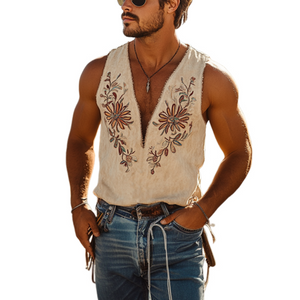 Camiseta sin mangas con cuello en V profundo, gamuza bordada, estilo vaquero del oeste americano para hombre