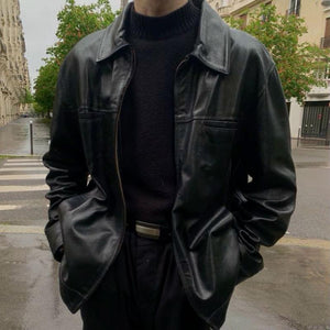 Men's Retro Casual Solid Color Lapel Leather Jacket