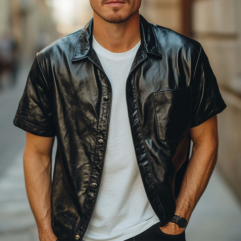 Camisa holgada de cuero negro de manga corta de verano para hombre