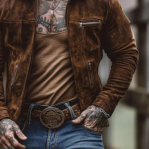 Men's Solid Suede Zippered Chest Pocket Lapel Jacket