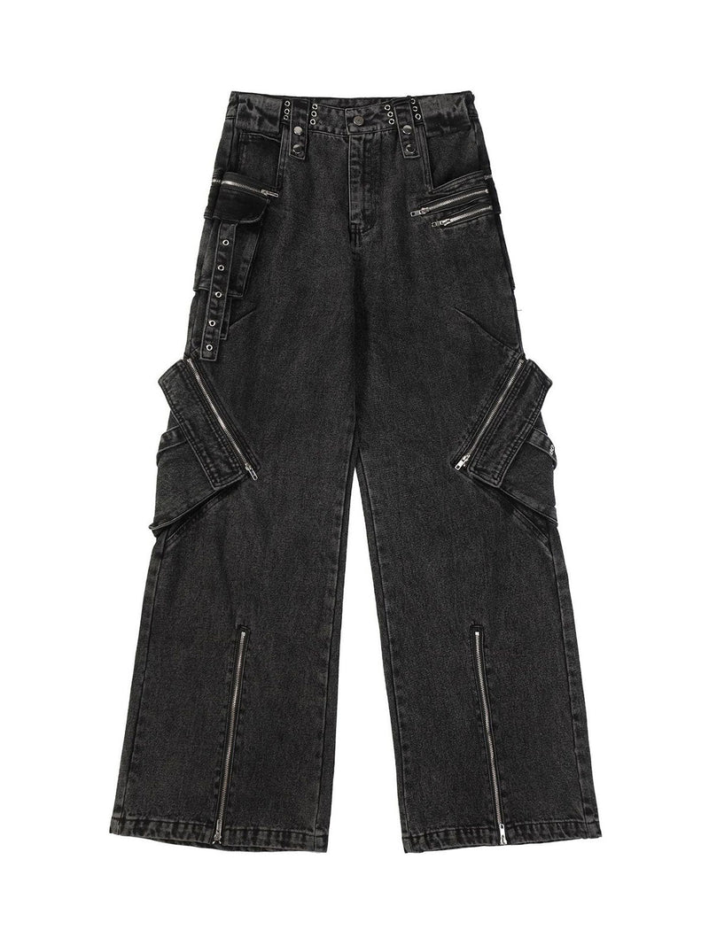 Multi-Pocket Exposed Zippers Baggy Jeans