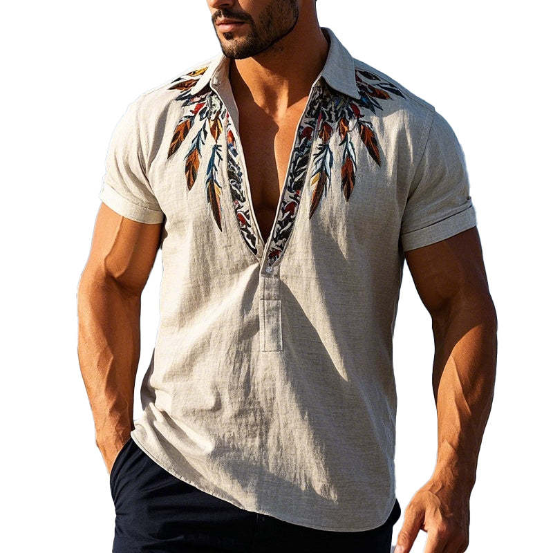 Herren-Pullover mit Vintage-Federstickerei und kurzen Ärmeln
