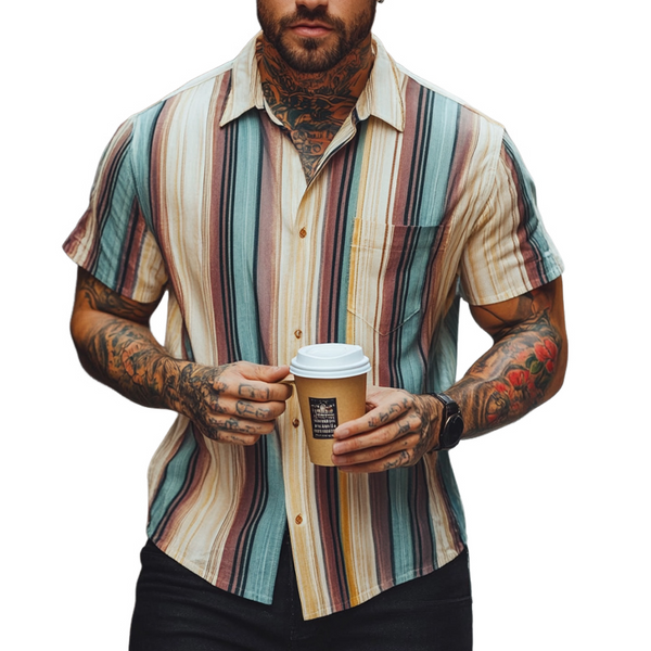 Camisa de manga corta a rayas con bloques de color retro para hombre