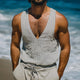 Camiseta sin mangas de lino con cuello en V, estilo retro informal, con estampado de rayas para hombre