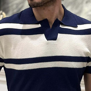 Camisa polo de manga corta a rayas con solapa de punto para hombre